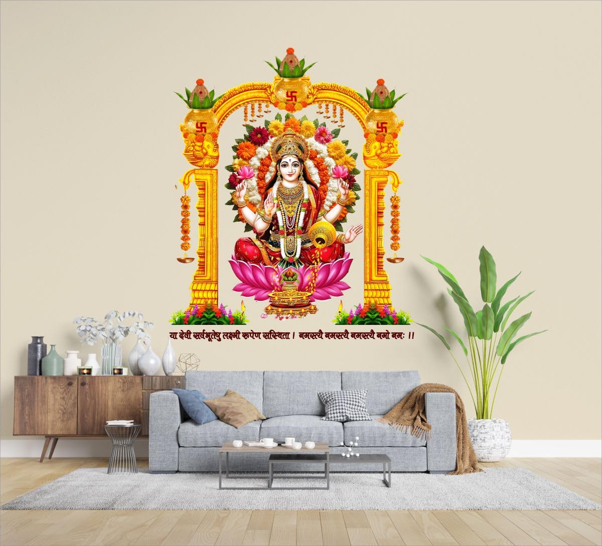 Goddess Lakshmi with Temple Art & Flowers, Mantra Wall Sticker Poster for Living Room Kid'sroom Kitchen,Home Decor 46 x 56 cm-image-14