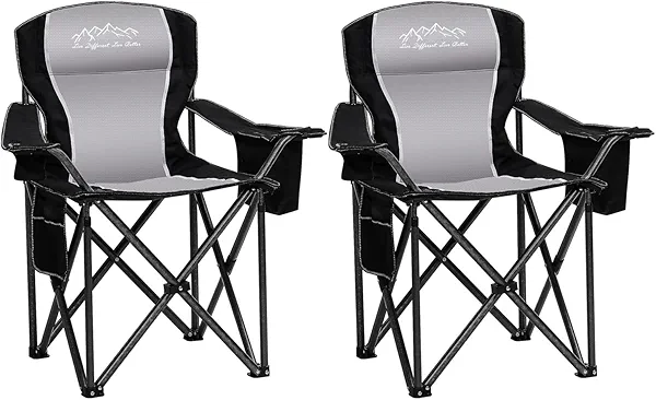 Folding Camping Chair with Cup Holder, Storage Pouch & Cooler Bag, Heavy Duty Lawn Chair, Large Anti-Sink Feet, PE Water-Resistant Fabric for Outdoor, Beach, Sports 450lbs, Black 2PCS
