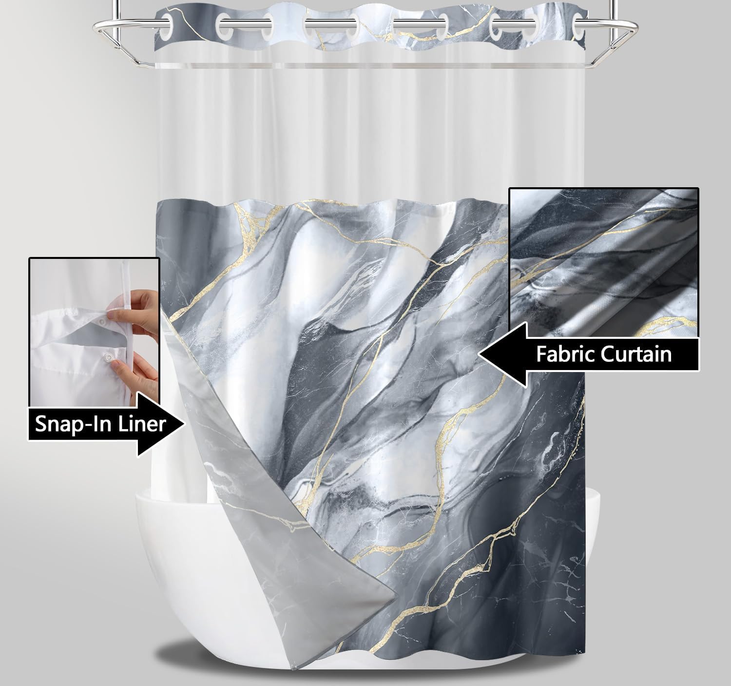 No Hook Shower Curtain with Snap in Liner Set, Black Grey Marble Design, Waterproof Washable Fabric Hotel Shower Curtains for Bathroom Decor with See Through Mesh Top Window 71x74 Inch
