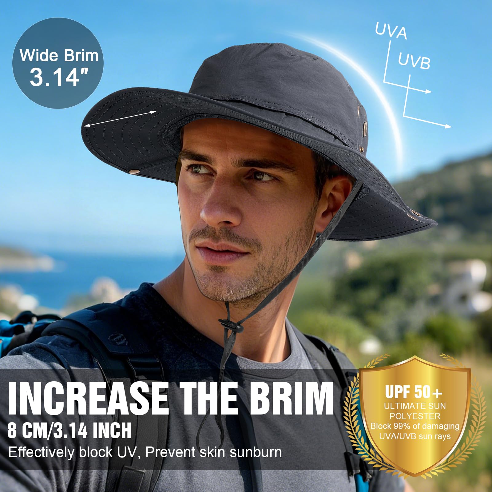 Cappello da Pescatore Taglie Forti XL XXL per Uomo, Tesa Larga Leggero Traspirante UV Cappelli da Sole Estiva, UPF50+ Impermeabile Asciugatura Rapida Pieghevole Bucket Hat Boonie Cappello Safari