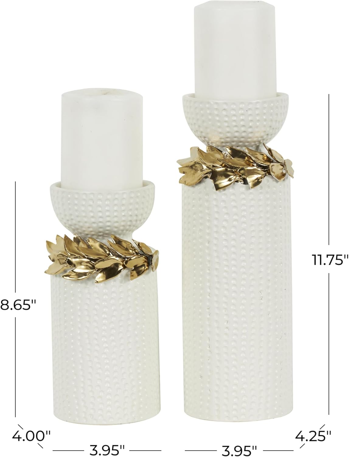 Deco 79 Ceramic Decorative Candle Holder Candle Stand with Abstract Spotted Pattern and Gold Leaf Accents, Set of 2 Candlestick Holder 12", 9" H, White