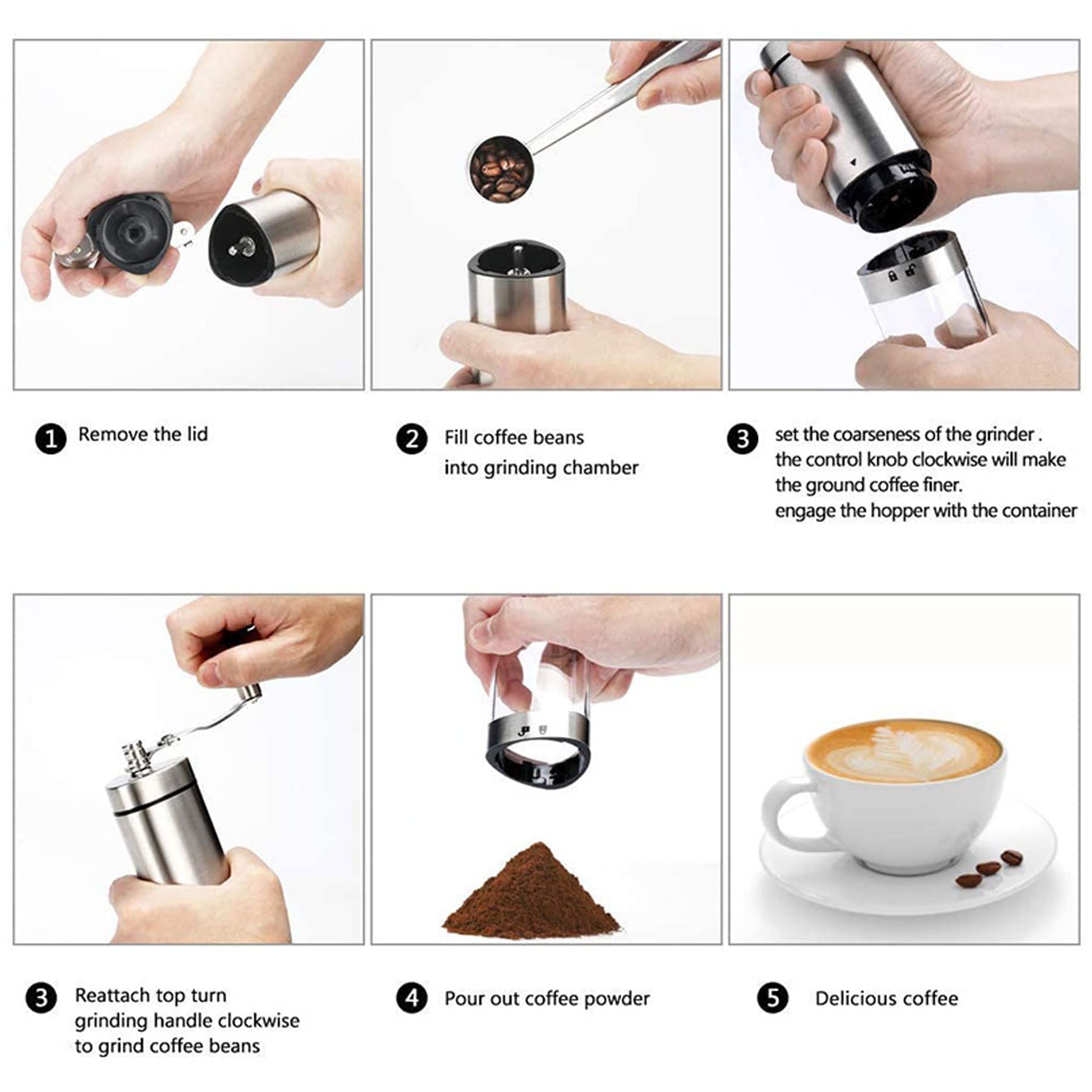 Multifunktionale manuelle Kaffeemühle mit verstellbarem Keramikmahlwerk, abnehmbare Edelstahl-Dreieck-Handkurbel-Kaffeemühle für Zuhause, Büro, Reisen, Silber