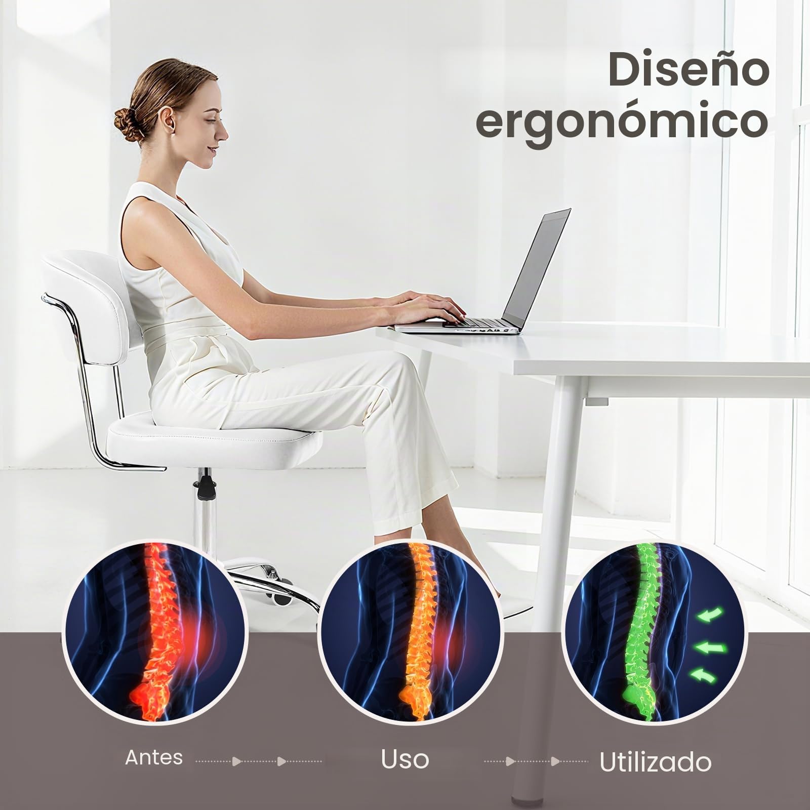 Silla de Oficina con Altura Ajustable, Ideal como Silla Tocador con Respaldo Curvo, Silla Giratoria de PU, Capacidad de Carga hasta 150 kg, Silla de Escritorio para Oficina y Dormitorio, Blanco