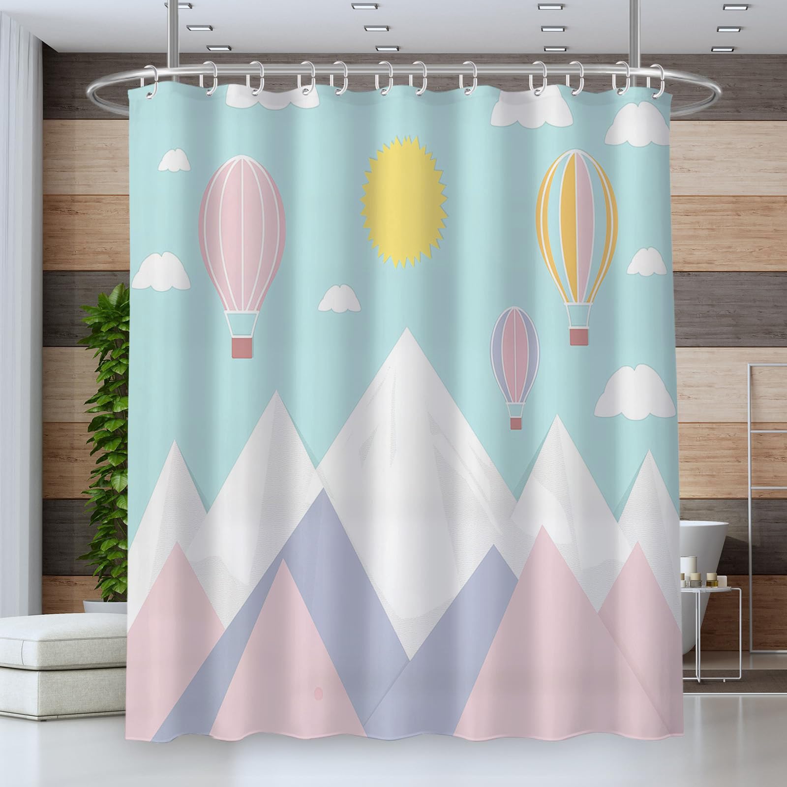 Cortina de Ducha Montañas240x200cm,Globo Aerostático Lavables Cortina de Baño,Poliéster Textil Impermeable Cortina Ducha para Bañera con 12 Ganchos