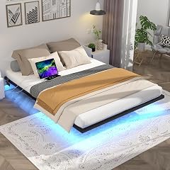 Floating Bed Frame King Size with LED Lights and Charging Station Metal Platform Bed Easy Assembly No Box