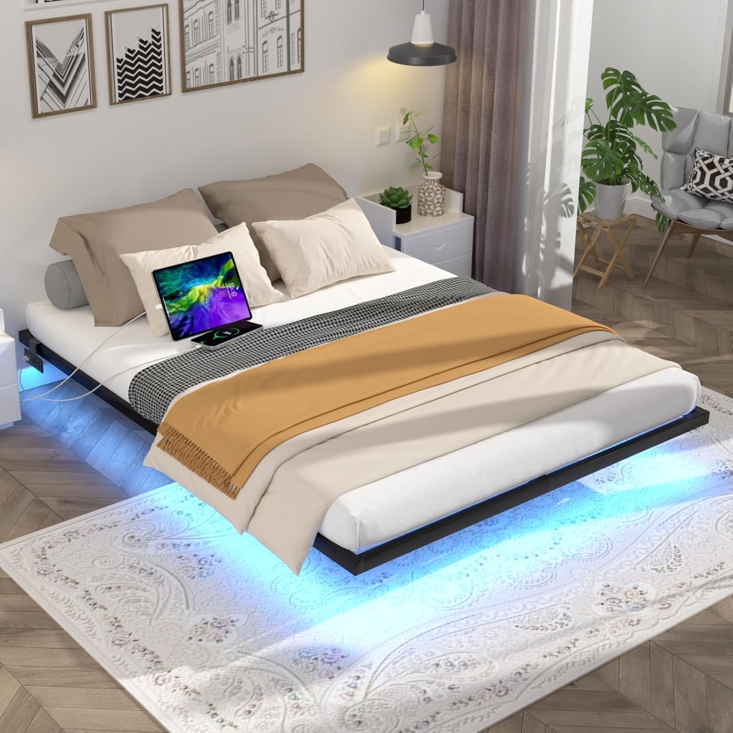 Floating Bed Frame King Size with LED Lights and Charging Station Metal Platform Bed Easy Assembly No Box