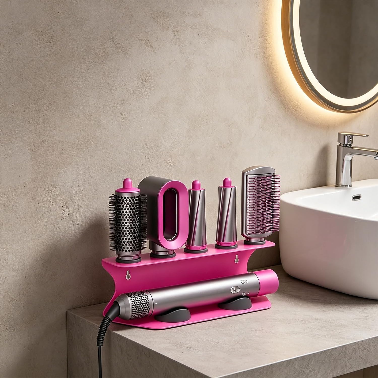 Premium Carbon Steel Hair Dryer Stand Features 7 Dedicated Slots for Easy Organization and Quick Access Styling Holder