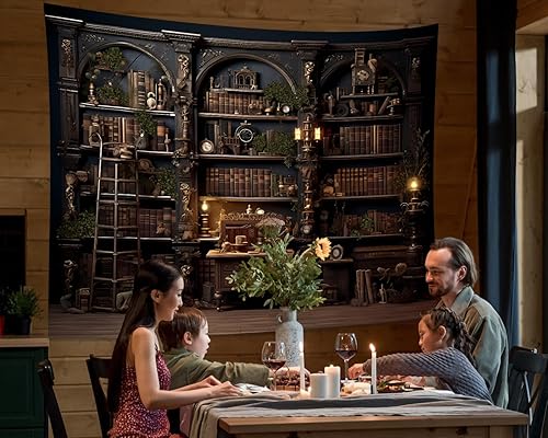 Miniatura 3 de QGHOT Tapiz vintage para colgar en la pared, tapiz de pared de biblioteca retro, libros antiguos en estante, sala de estudio clásica, estudiante,