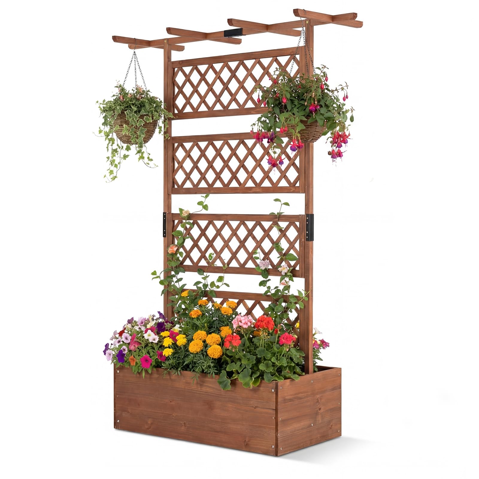 HOMASIS Orto Rialzato con Grigliato e Tetto da Giardino, Letto per Aiuola, Fioriera per Piante, Fiore, Rampicanti, Vasi, in Legno Massello, per Esterno, Terrazza, 100 x 55 x 183 cm, Marrone Scuro