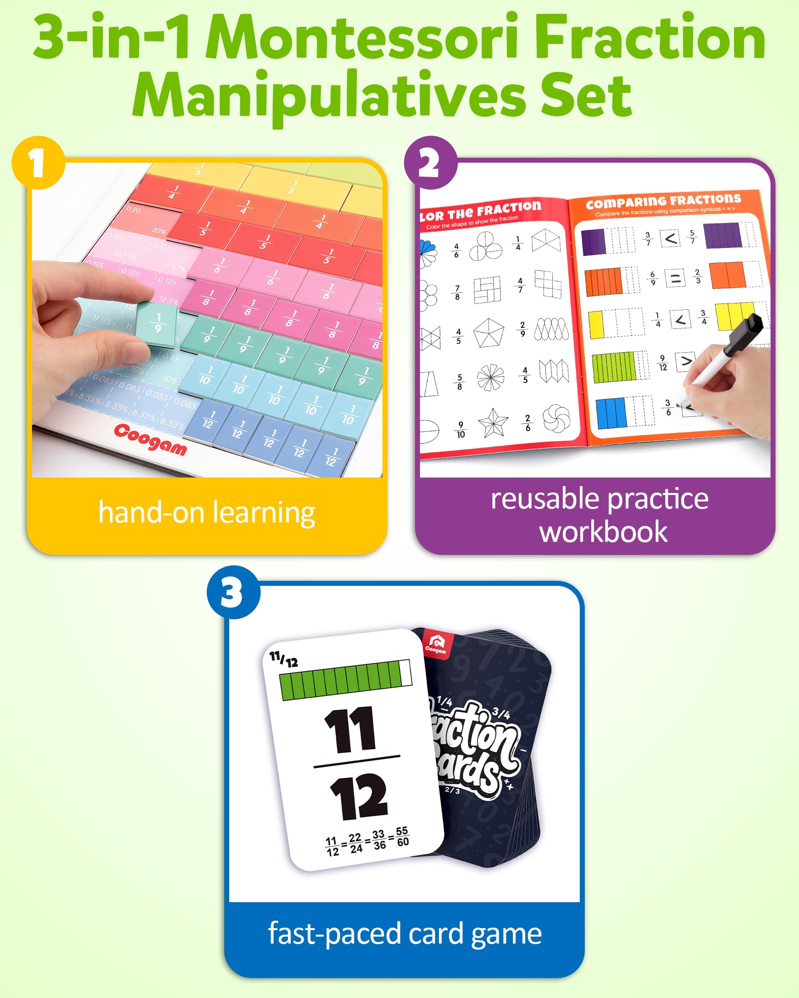 Coogam Magnetische Bruchstreifen – Montessori Mathe-Spielzeug zum Bruchrechnen Lernen & Üben, Lernspiele für zu Hause und die Schule, für die 2. bis 5. Klasse