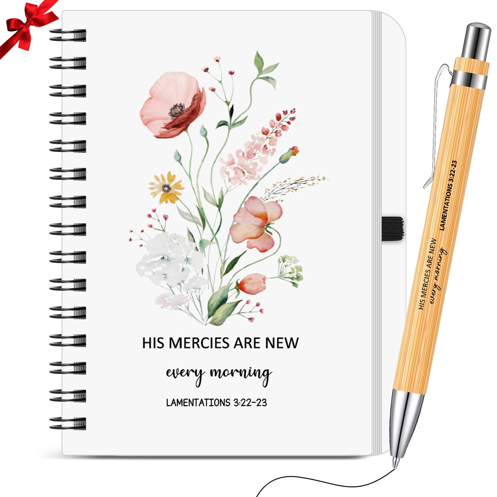 Sinmoe 2 Pcs Christian Gift Set Including Bible Notebook and Wood Christian Ballpoint Pen Floral Bible Verse Prayer Spiral Journal Religious Inspirational Gifts for Women (Style C)