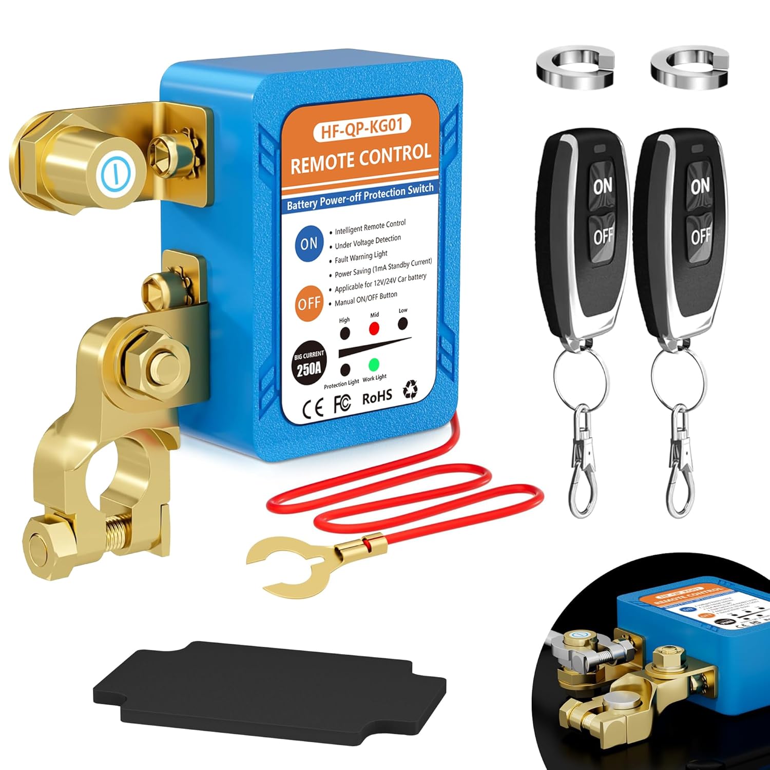 Kill Switch for Car, 250A 12V/24V Remote Battery Disconnect Switch, Smart Car Battery Kill Switch Anti Theft, Automatic Cut/Shut Off Switch for Auto, RV, ATV,Truck, Boat (Flat Installation)