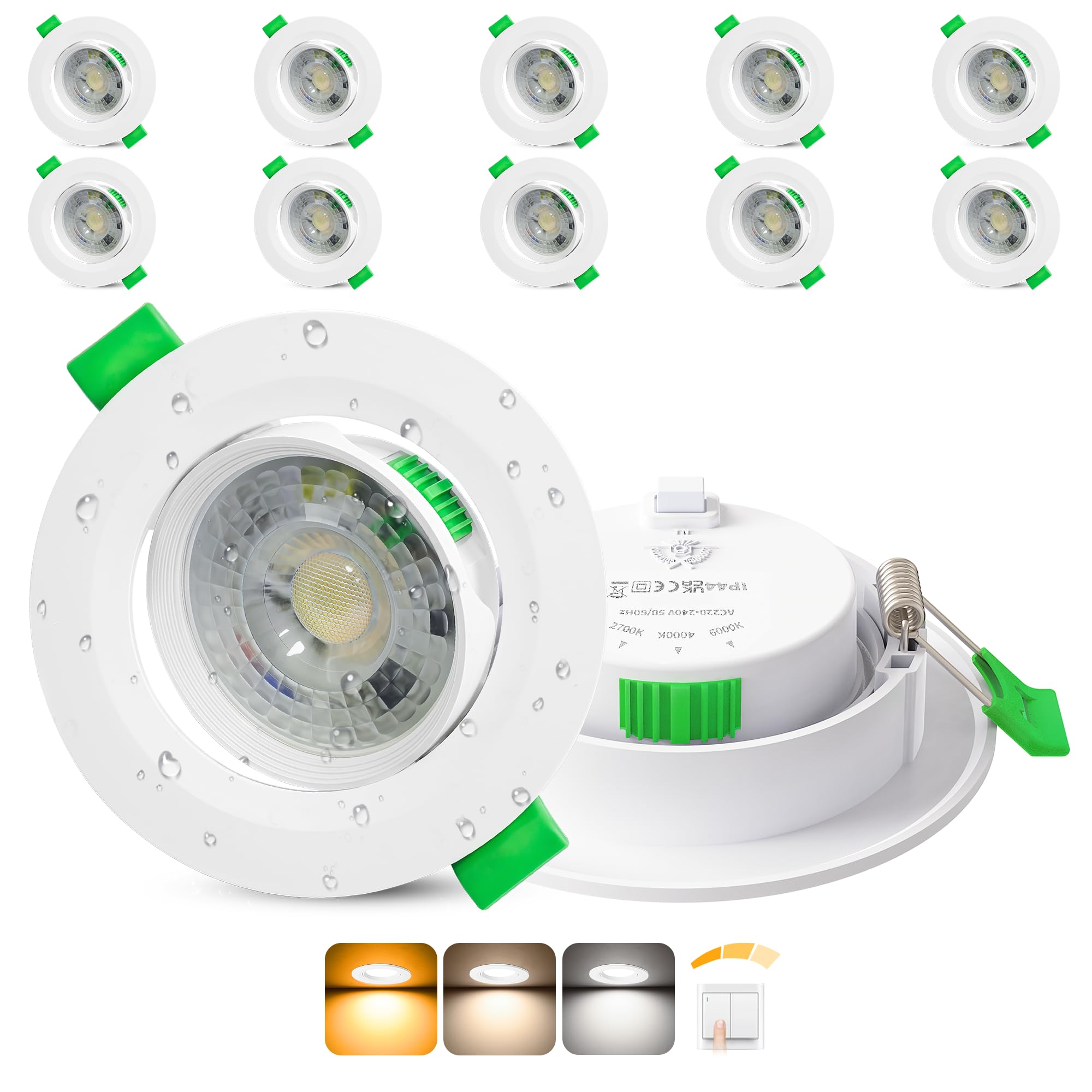 Spot LED Encastrable Dimmable 3 Intensités 230V, 5W Spots de Plafond Orientable Blanc Chaud/Neutre/Froid Réglable, Extra Plat IP44 Spot Salle de Bain, Trou Ø68-80mm, Blanc Lot de 10