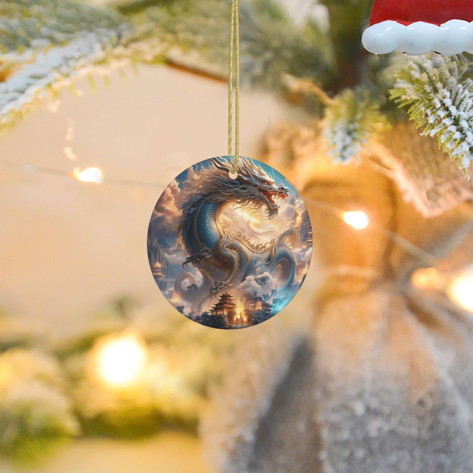 Christmas Ornaments for Christmas Tree Decoration Ceramic Hanging Dragon in The Heavenly Palace Ornament with Gold Ribbon Crafts Round Pendant for Keepsake Gifts Glass Xmas Decor Party Supplies