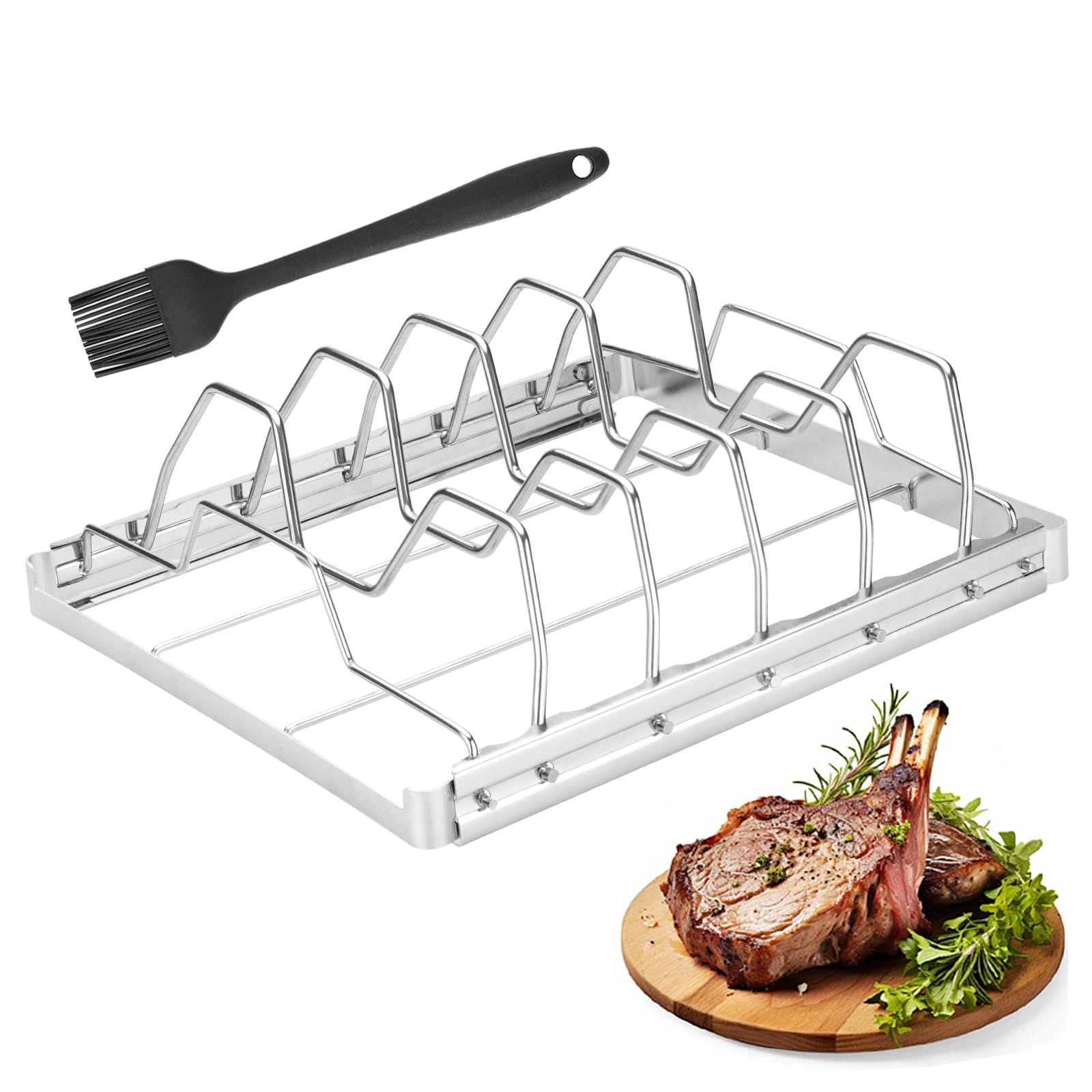 Rib Rack for Smoking, Stainless Steel 4 Slots Rib Racks for Grilling, Foldable Roasting Rack Easy to Use and Clean, Premium Durable Rib Rack Smoker Accessories (1-Pcs)