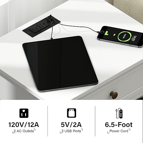 Miniatura 4 de Treocho Mesa auxiliar blanca con estación de carga, mesa auxiliar X-Design con 2 tomas de corriente alterna y USB, mesita de noche pequeña con cajón