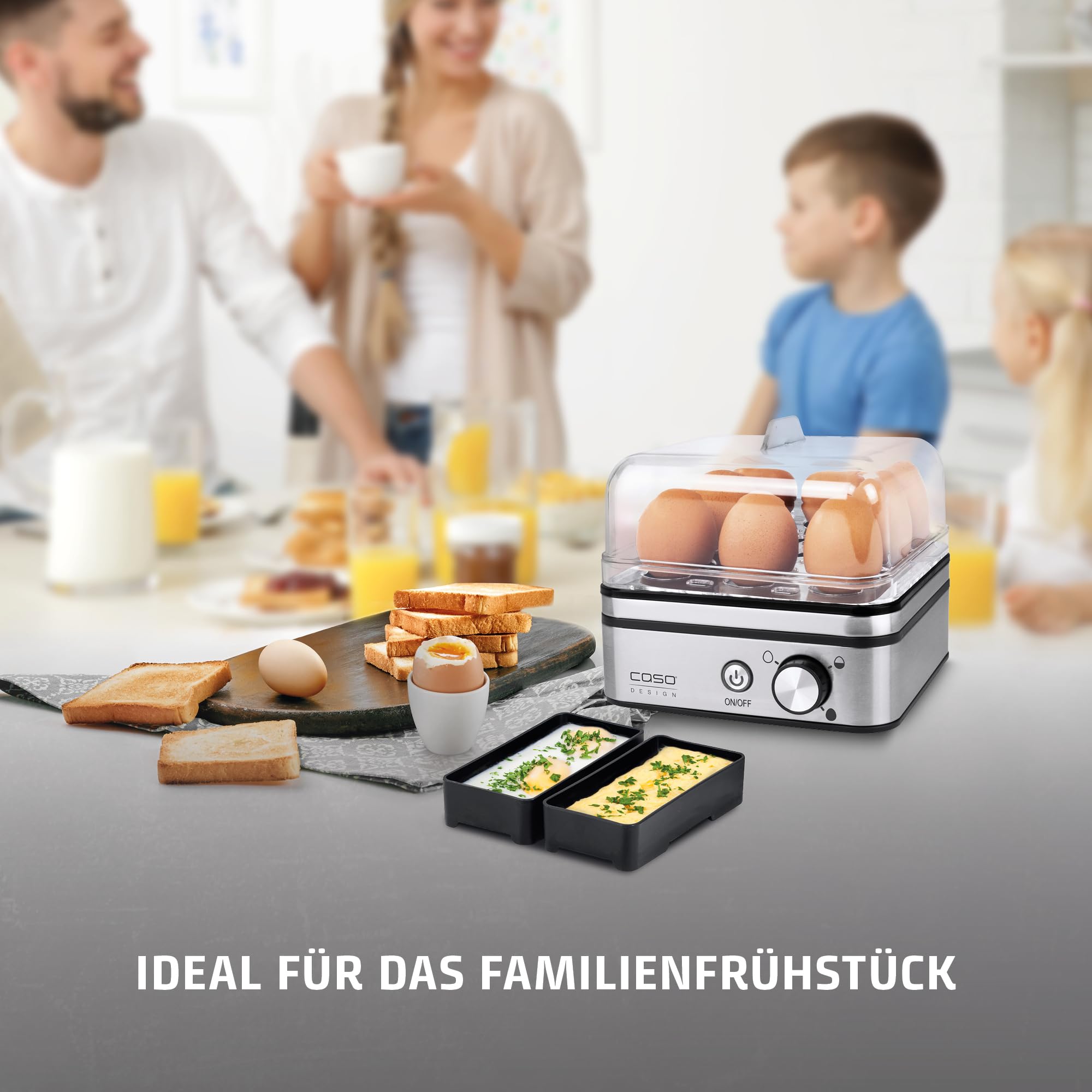 CASO E 9 - Design Eierkocher, Testurteil: Sehr Gut, elektronischer Eierkocher für bis zu 8 Eier, akustisches Signal, inkl. Messbecher und Eipicker und zwei Pochierschalen