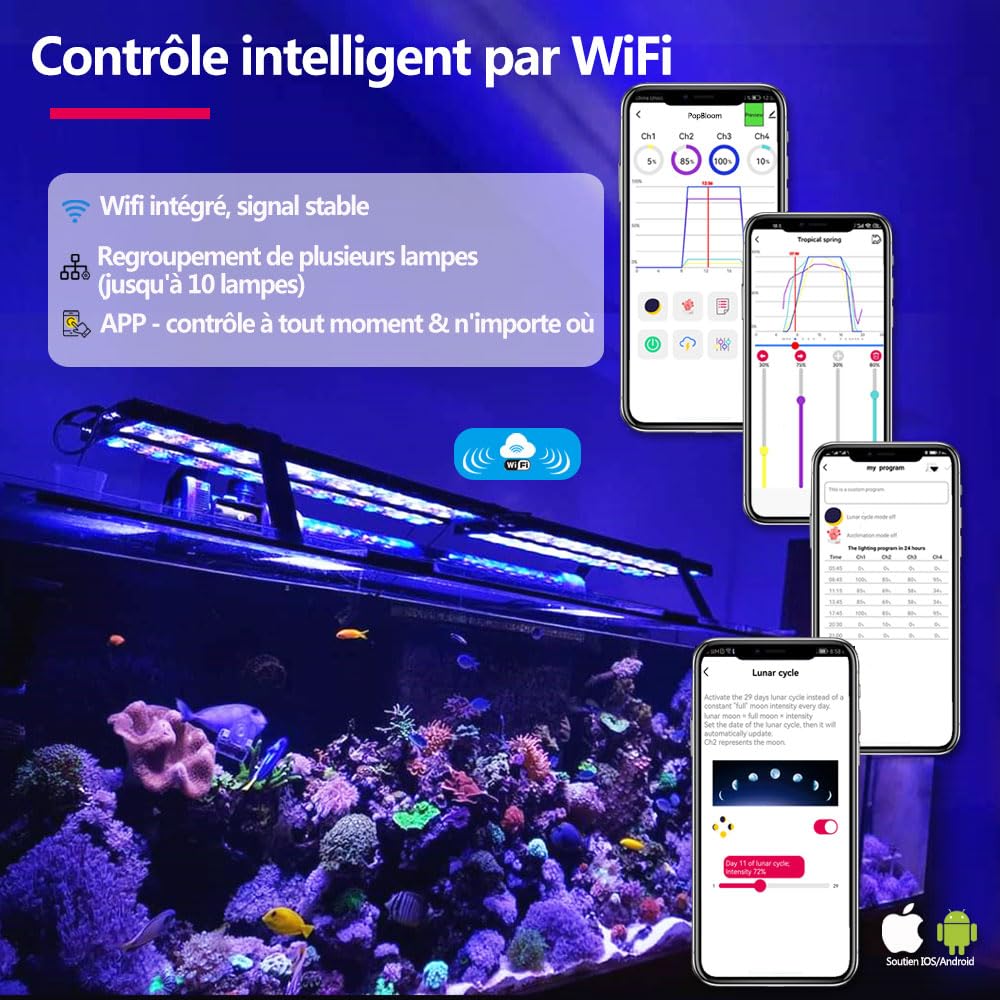 PopBloom Hertz54 eclairage led aquarium eclairage lampe aquarium led recifal reef eau de mer lumière pour aquariums 50-80cm (54cm, avec kit de suspension)