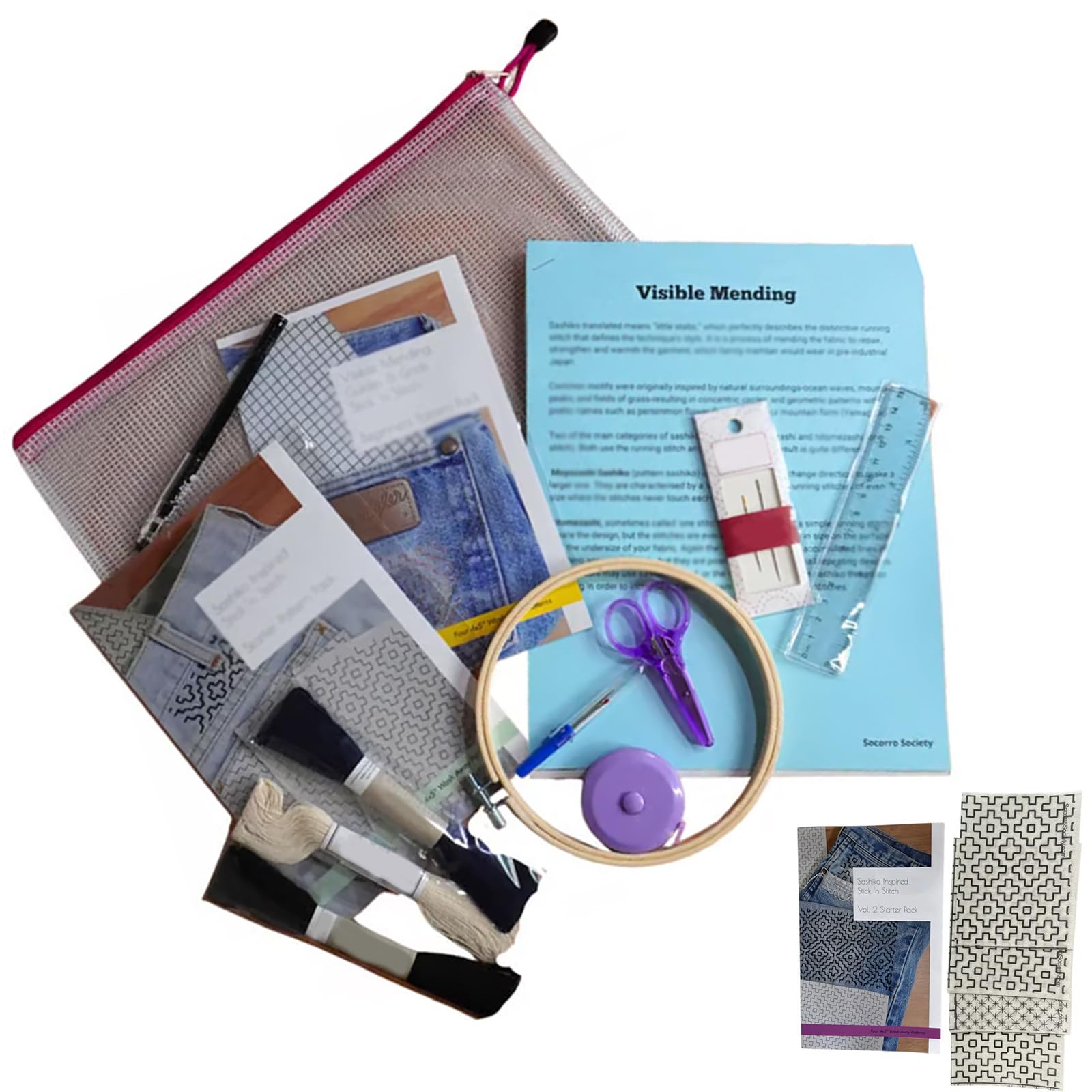 Beginner-Friendly Visible Mending Kit with Sashiko Embroidery Booklet & Tools, Portable Handmade DIY Sashiko Sewing Set with Water Soluble Adhesive Transfers for Adult, Beginners (Starter Kit)