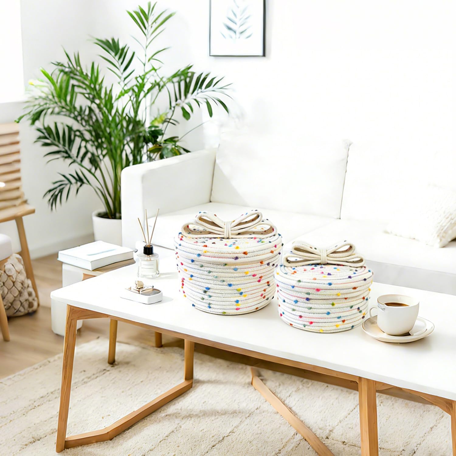 Small Storage Baskets with Lids, Round Woven Rope Basket with Lid, Cute Storage Box for Small Toy, Gift or Home Decor, Decorative Basket with Rainbow Pom-pom & Cute Bow Handle (rainbow)