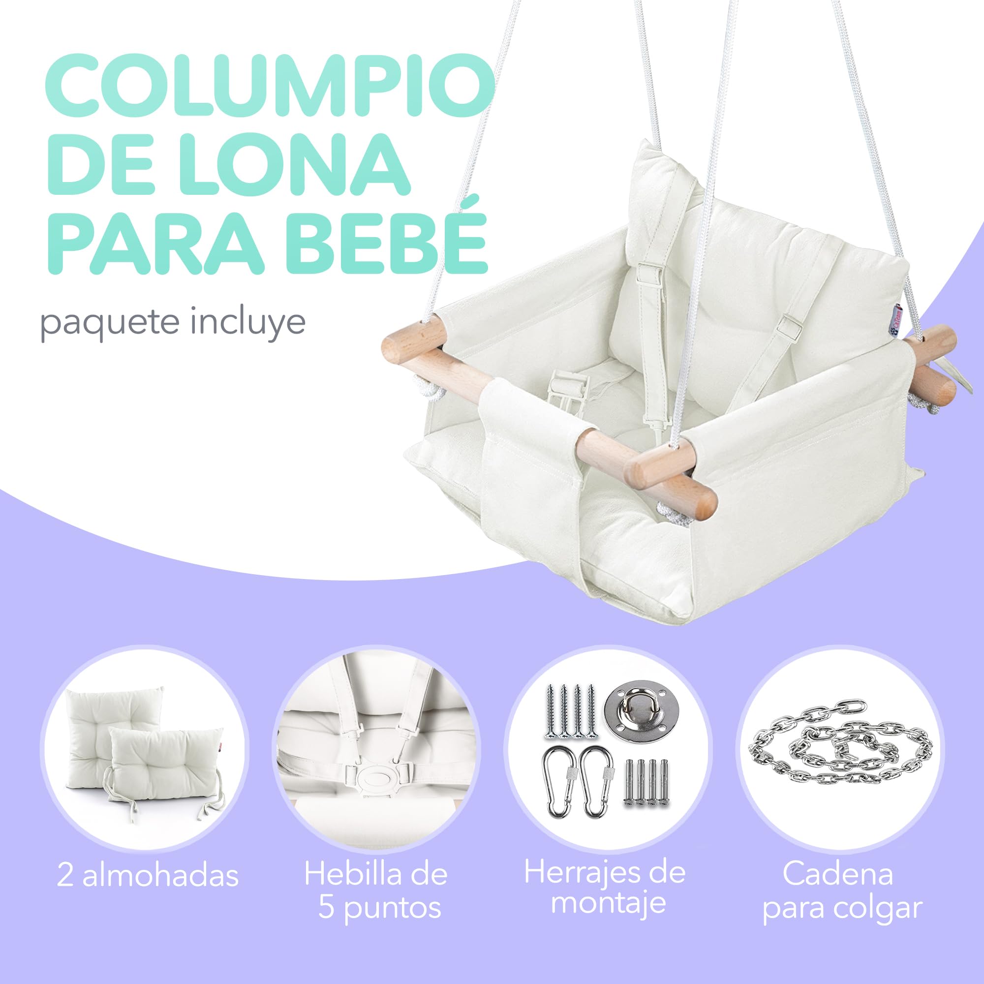 CaTeam - Columpio de Lona para bebé, Silla de Columpio Colgante de Madera con cinturón de Seguridad, Silla de Hamaca Duradera para bebé, Columpio para Exteriores e Interiores para niños, Marfil