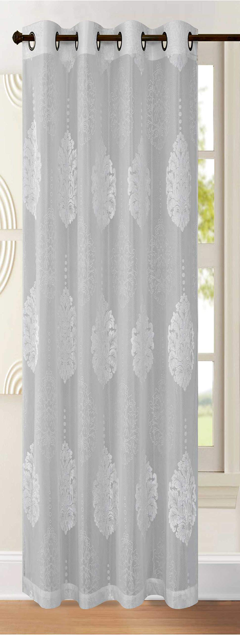 Householdfurnishing Eyelet Ring Top Voile Net Curtain Flock Velvet Damask Single Panel (White, 55 X 90) — image 1