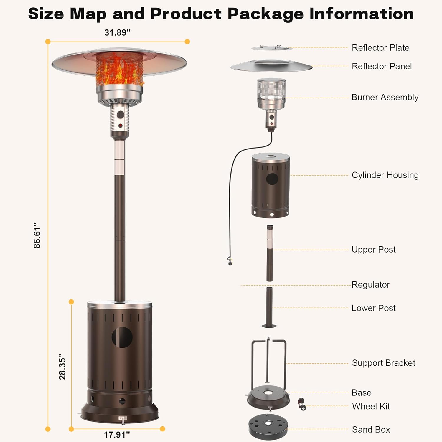 50,000 BTU Patio Heater - Propane Patio Heater with Sand Box, Double-Layer Stainless Steel Burner Space Heater, Outdoor Heaters with Wheels, Used for Garden, Patio and Residential, Brown