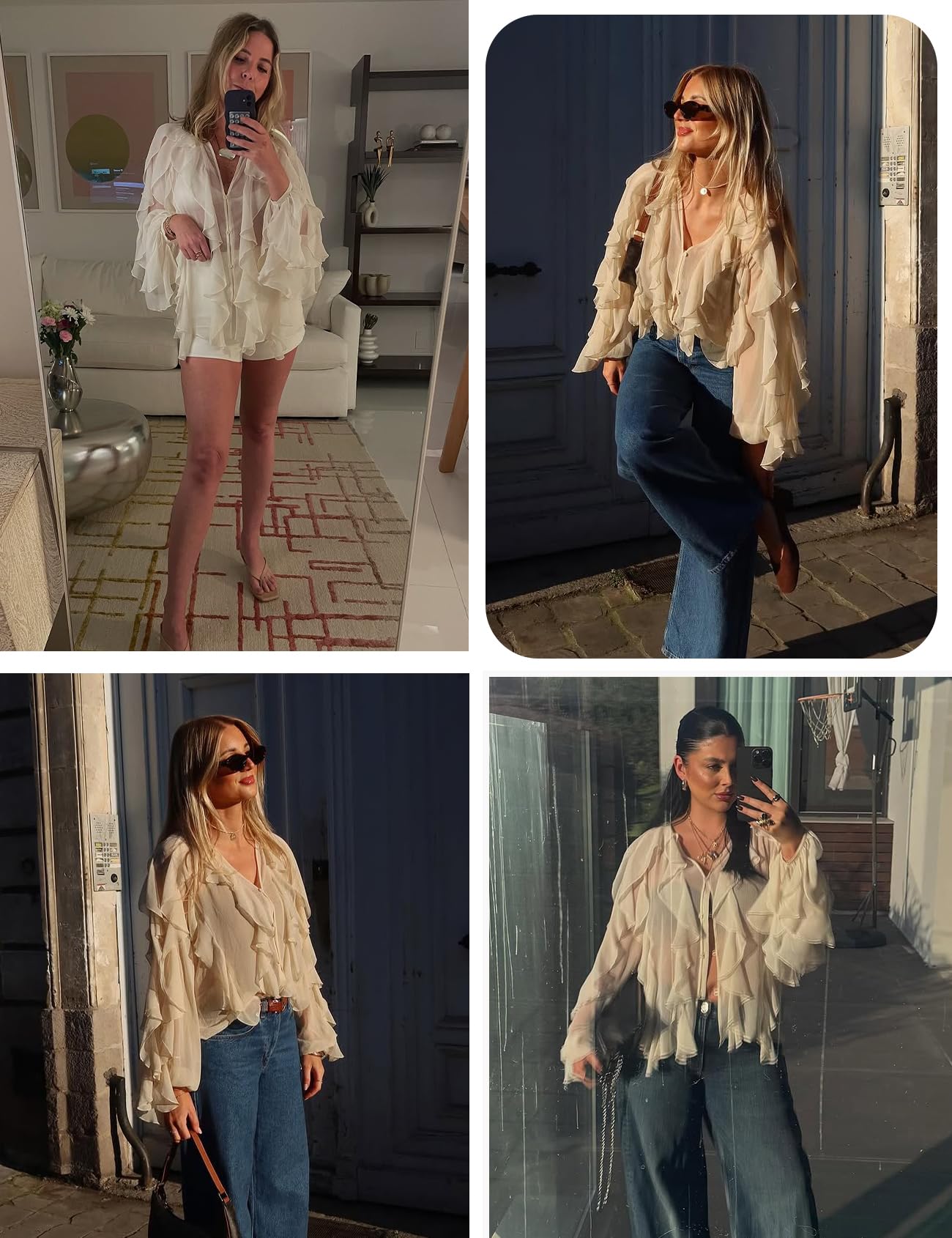 Shiyifa Blusa transparente con volantes para mujer, cuello en V, gasa transparente con volantes, tops de verano para salir