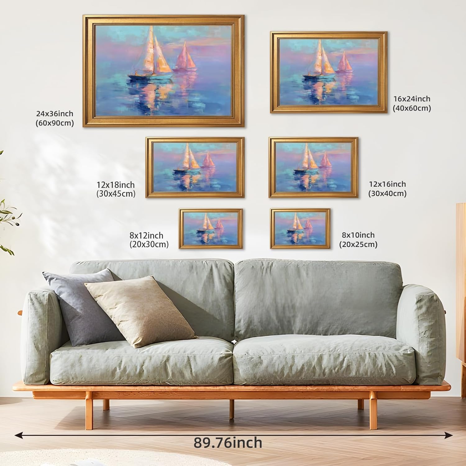 Framed Sunset Sailboat Canvas Wall Art Pastel Seascape Painting Nautical Coastal Ocean Landscape Print Dreamy Sailing Picture Poster Nature Summer Decor for Beach House Living Room 12x16inch Gold