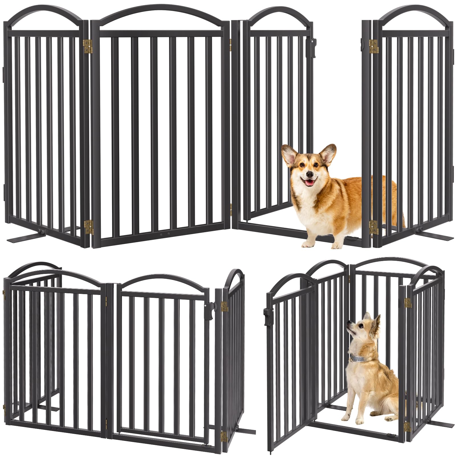 Malier Metal Freestanding Dog Gates with Door, 32'' Height Outdoor Indoor Dog Fences, Extra Wide Foldable Puppy Gate for Stairs (Black, 【4 Panels with