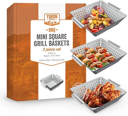 Yukon Glory Juego de 3 cestas de parrilla cuadradas de acero inoxidable de 9 x 9 x 2 pulgadas para parrilla al aire libre  Cesta perforada para