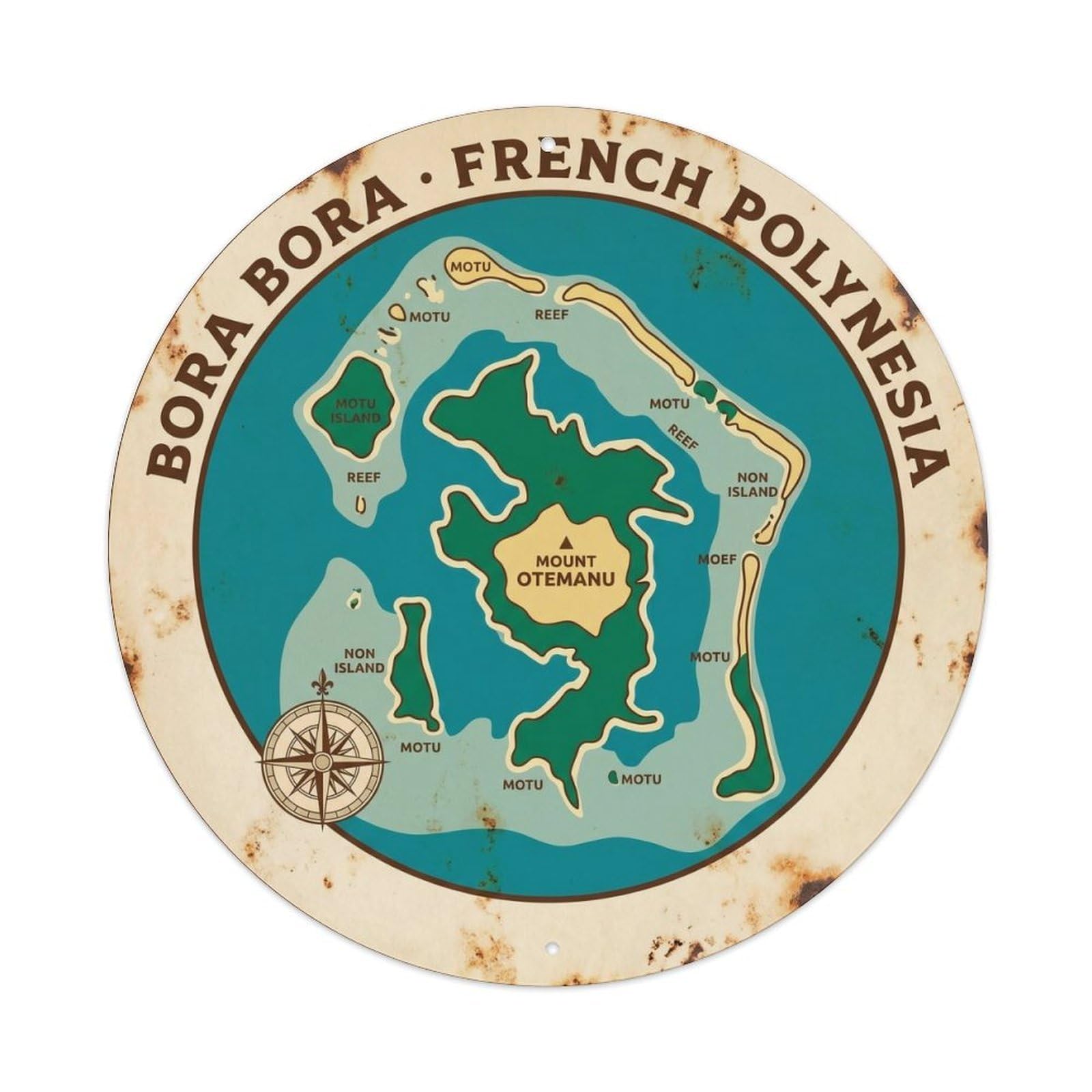 Map BoraBora Otemanu Lagoon Compass Island Metal Tin Sign