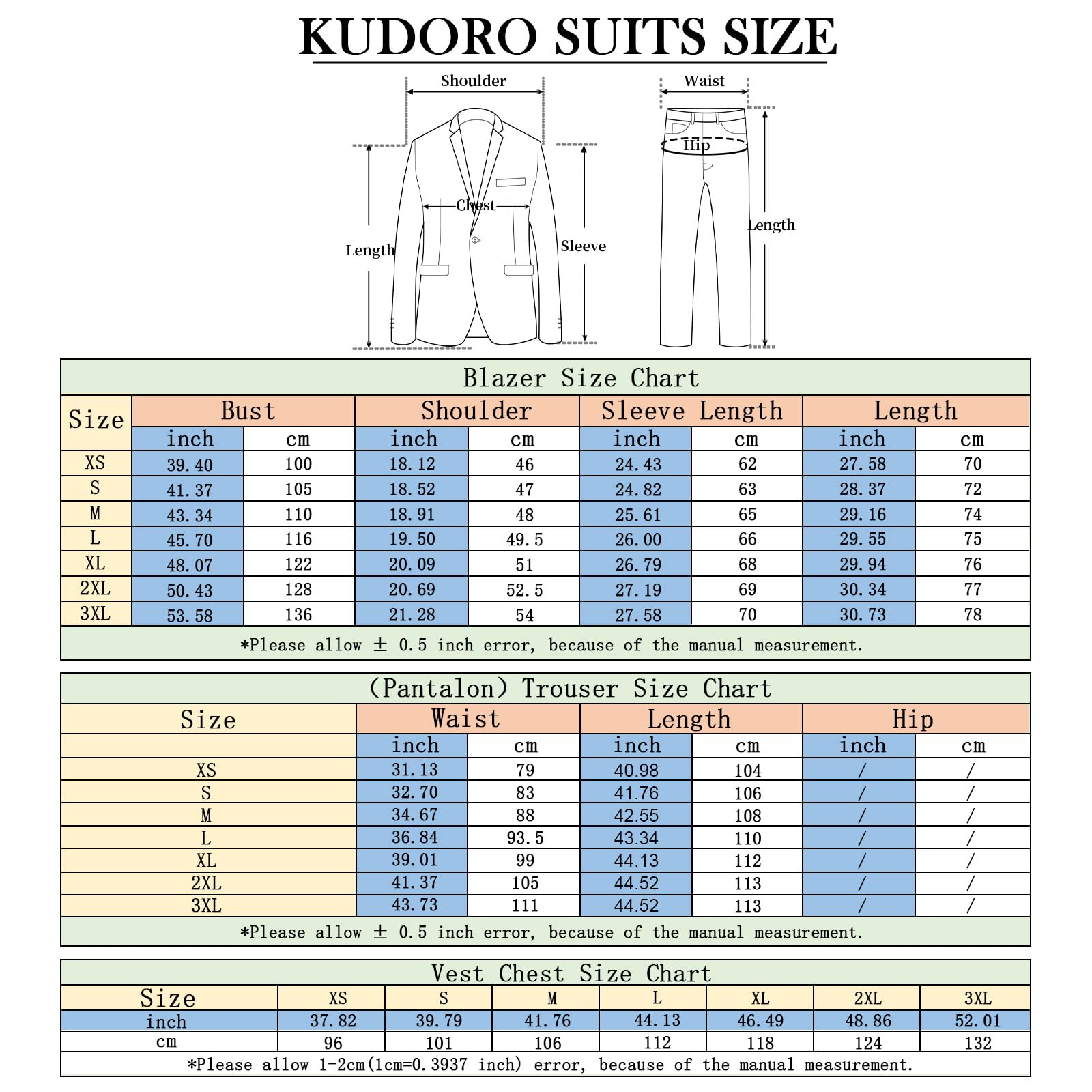 KUDORO Herren Anzüge 3-Teilig Slim Fit Zwei Knöpfe Sakko Weste Hose | Herrenanzug Einreihig für Hochzeit Modern Formell