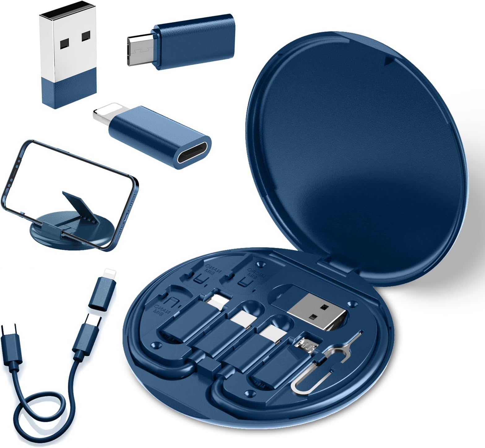 USB to USB-C Adapter, USB C Charging Cable Adapter Kit Contains Multiple OTG Adapters for USB Type C/USB A/USB C Male Cable/Micro USB, Equipped with SIM Extractor/SIM Slot/Phone Holder (Blue)