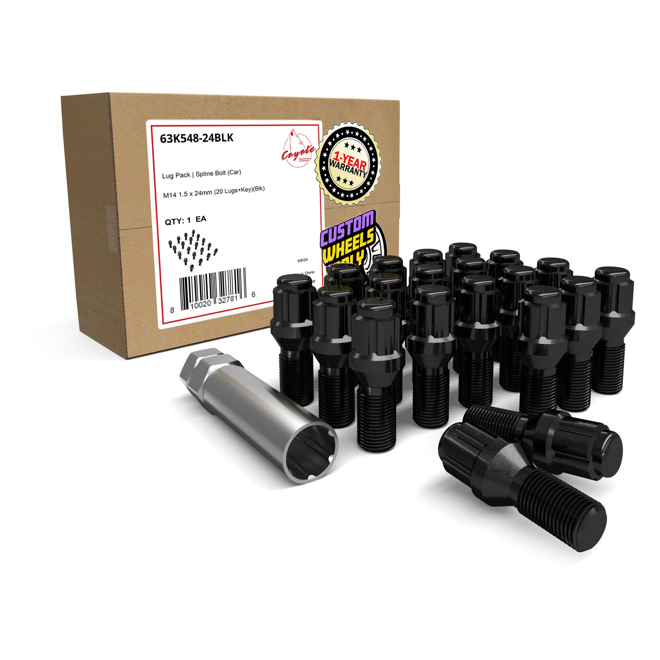Wheel Accessories Parts 20 Pcs M14 x 1.50 14 x 1.5 Thread Acorn Seat Spline Lug Bolt Black Finish 24mm Shank Length Car Spline fits Ferrari 456 GT 456 GTA 456 M 456 M GT 456 M GTA