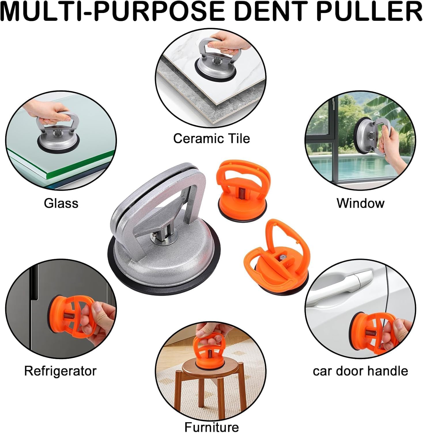 Stainless Steel Dent Puller for Fridge, Paintless Dent Removal Kit, Powerful Dent Puller with Heavy Duty Suction Cup & T-Handle Lifter for Car Body, Refrigerator Door, 3 Pack