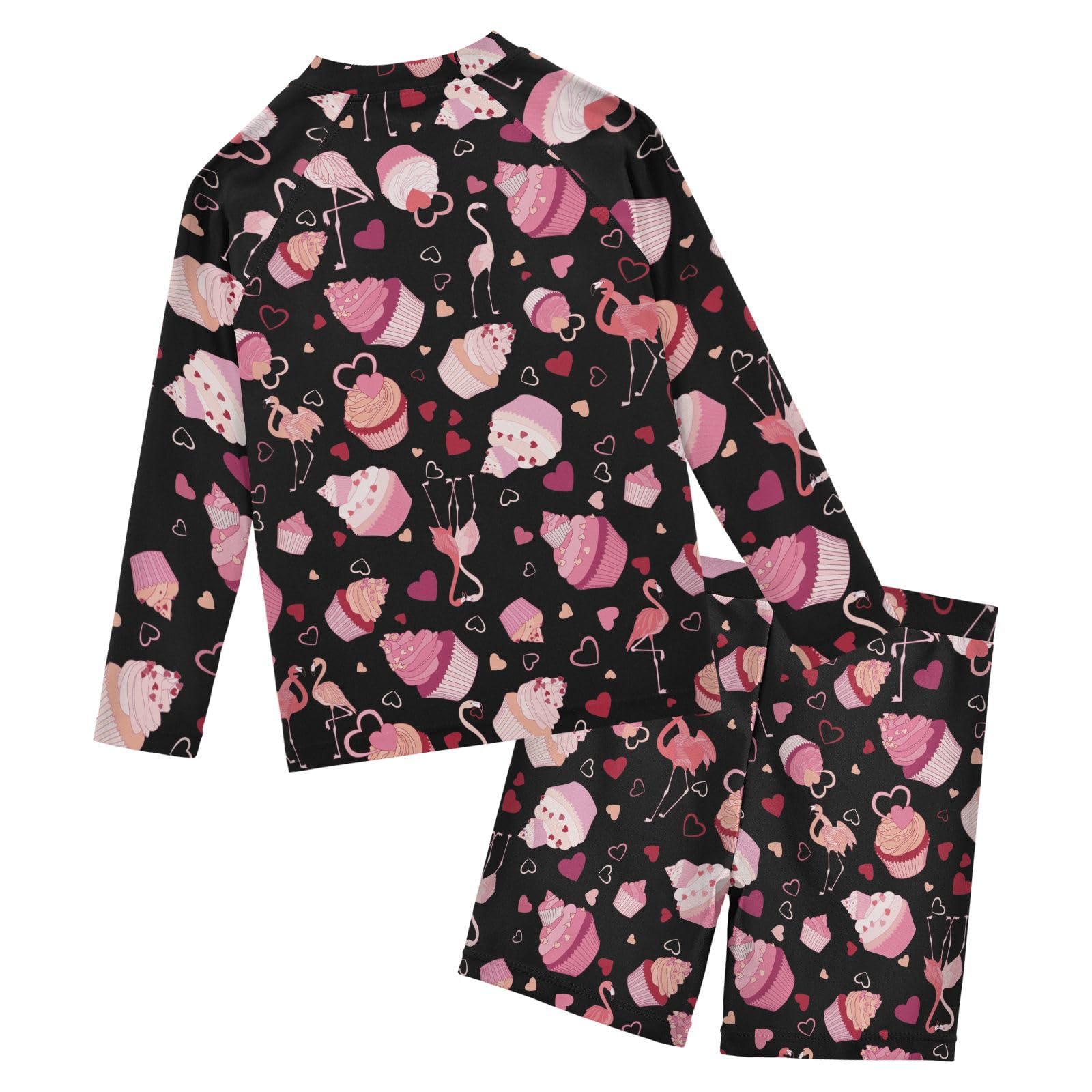 Aflyko Kids' Bathing Suit Set Cupcake Heart Flamingo Long Sleeve Swim Tops with Shorts Summer Vacation Pool Party Rashguard Fun Cute Infant Beachwear, 4T