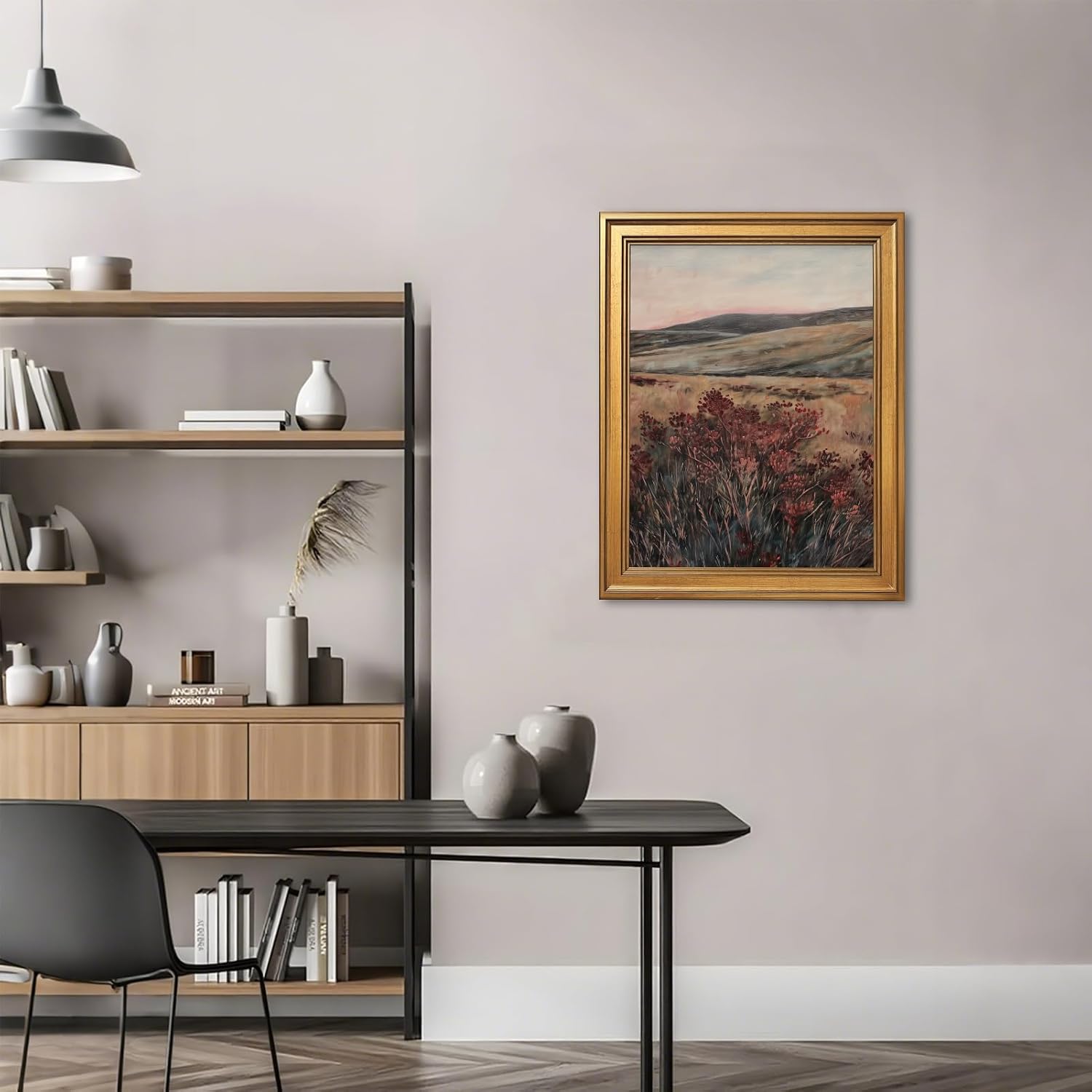 Gold Framed Maroon Wildflower Field Painting Moody Red Pastoral Scenery Wall Art Canvas Print Vintage Floral Picture Poster Rustic Farmhouse Flower Nature Artwork Decor for Room Home Office 16x24inch