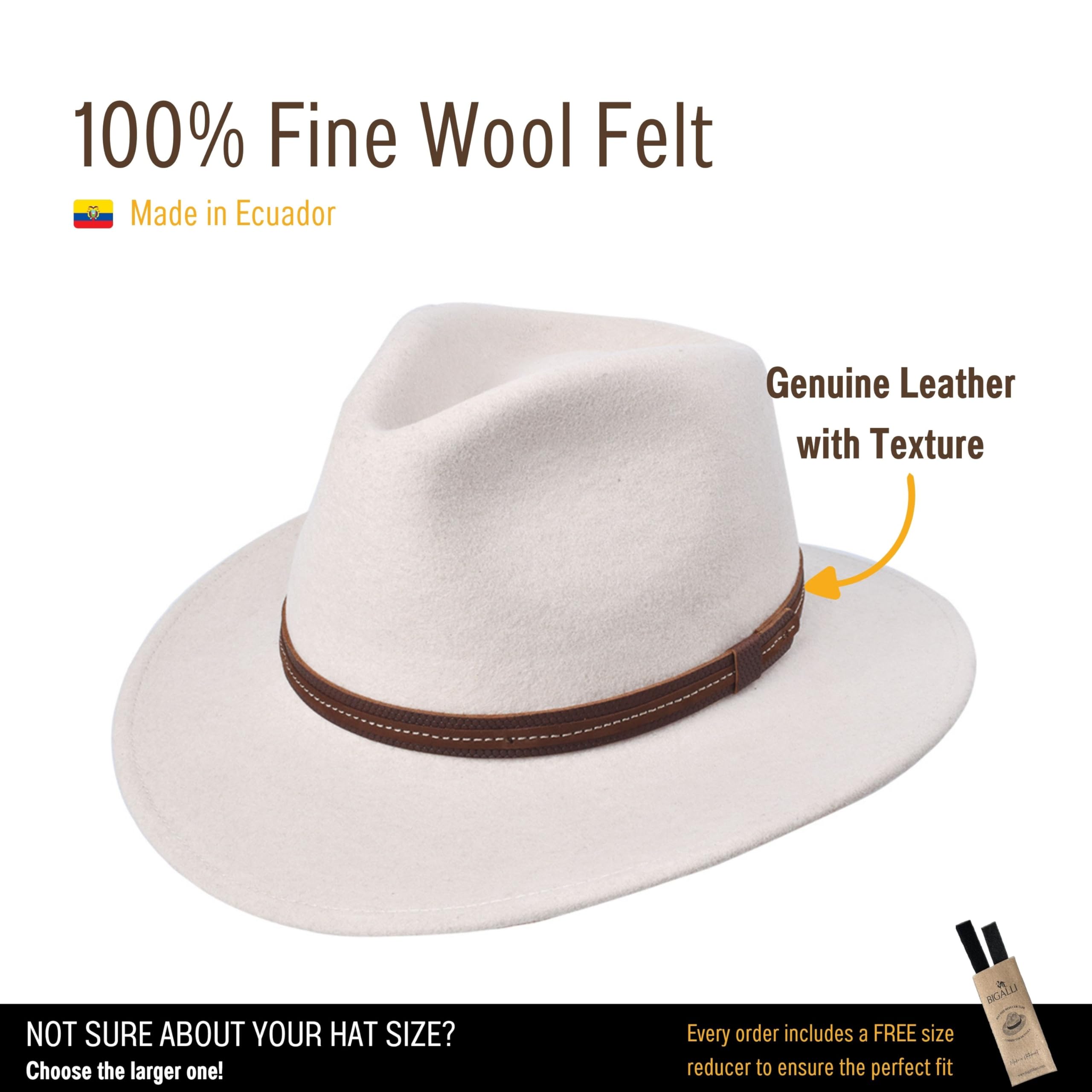 Bigalli Escapade Hat 100% Wool Felt for Women/Men Teardrop Shape with Genuine Leather with Texture Crushable Waterproof | Wide Brim | Safari Cowboy Cowgirl Hat | Cream Large
