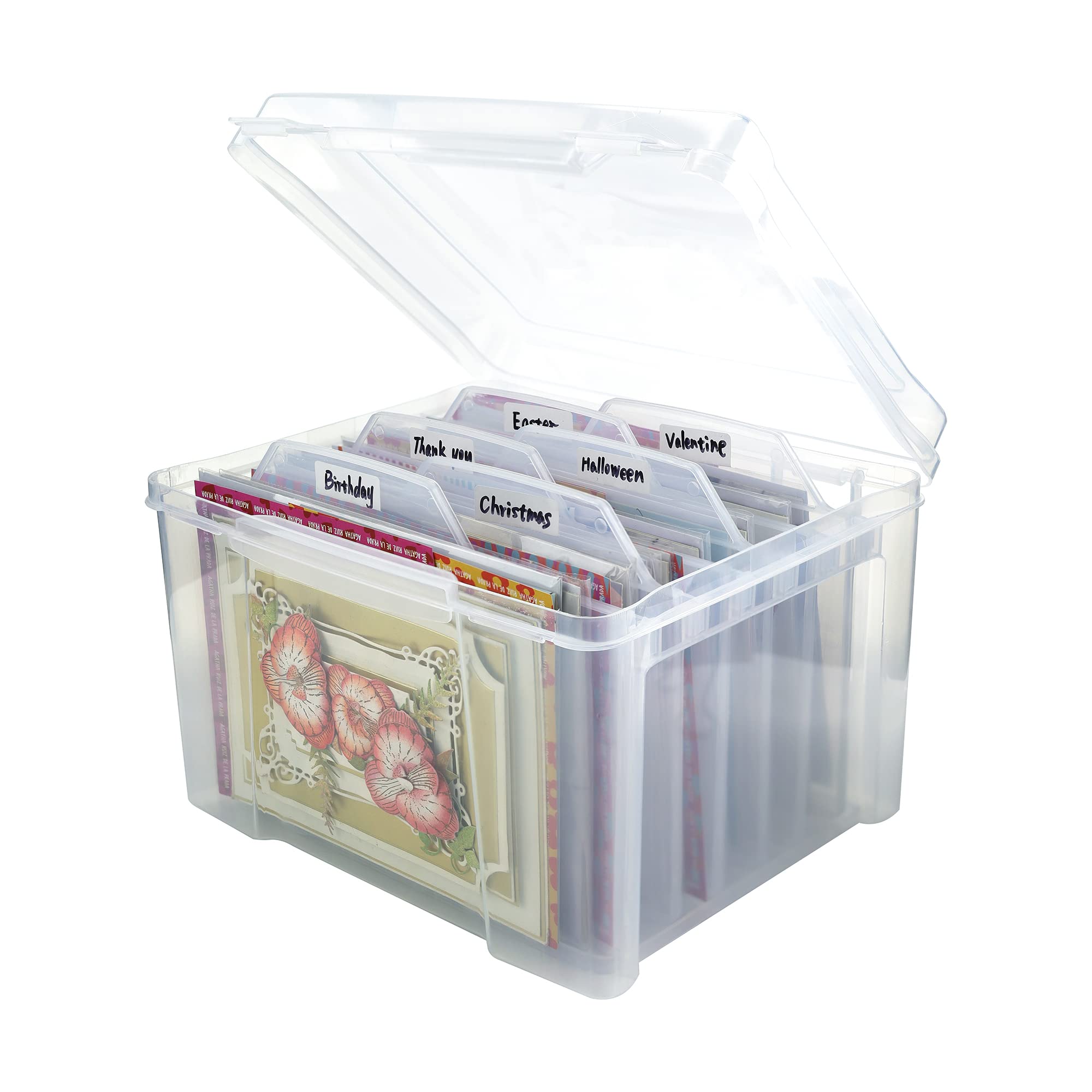 Joelver Maker Plastic Clear Greeting Card Box with 6 Clear Removable Dividers and 6pcs magnet sheets, Card Organizer perfect for card, small craft items storage