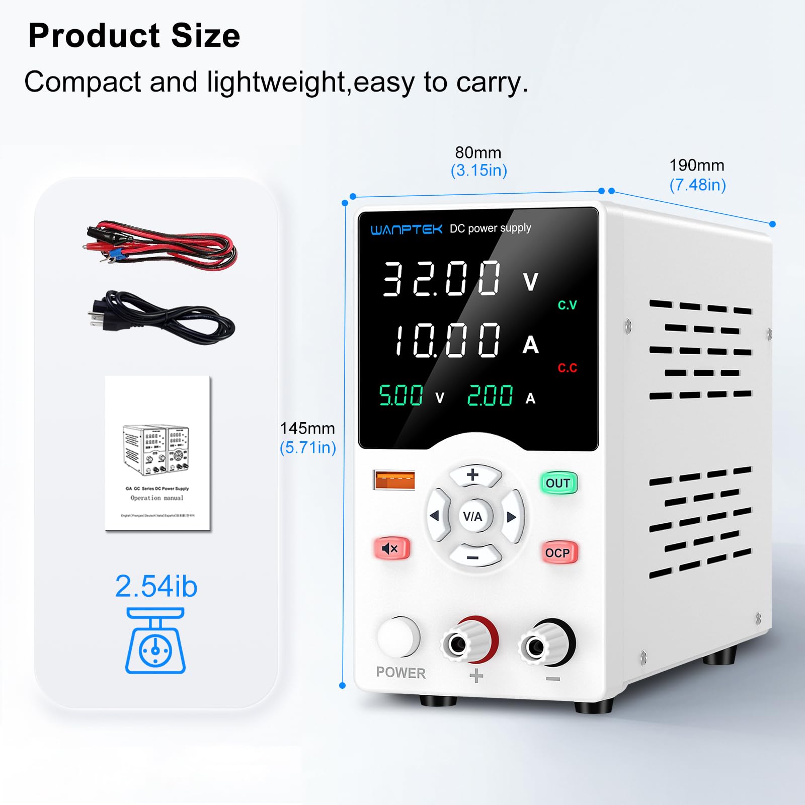 Alimentation Laboratoire 30V 10A, Variable avec Bouton Ajustable, Stabilisée OCP/Bouton de Sortie/Charge Rapide USB 18W / Mode Silencieux
