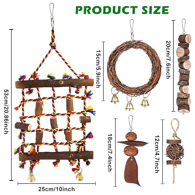 Foto 2 de 7 de Red de Escalada para Loro con 4 Juguetes para Masticar, Perchas y Accesorios para Jaulas de Pájaros