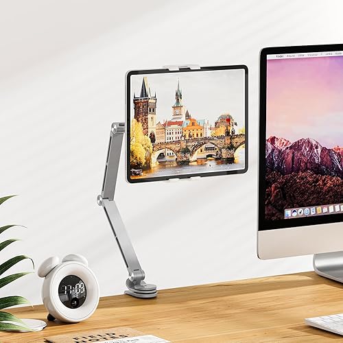 Miniatura 6 de Houele Soporte para tableta, brazo plegable ajustable para tableta iPad con base giratoria de 360, soporte para teléfono iPad para escritorio y