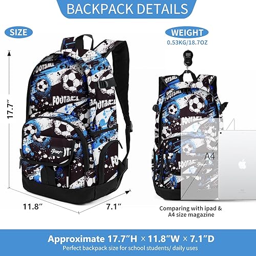 Miniatura 3 de Rickyh style Mochila para estudiantes, bolsa de niños, ligera, impermeable, 15.6 pulgadas, 04football Blue, 18 (L) x 9 (W) x 9 (H) inches, Mochilas