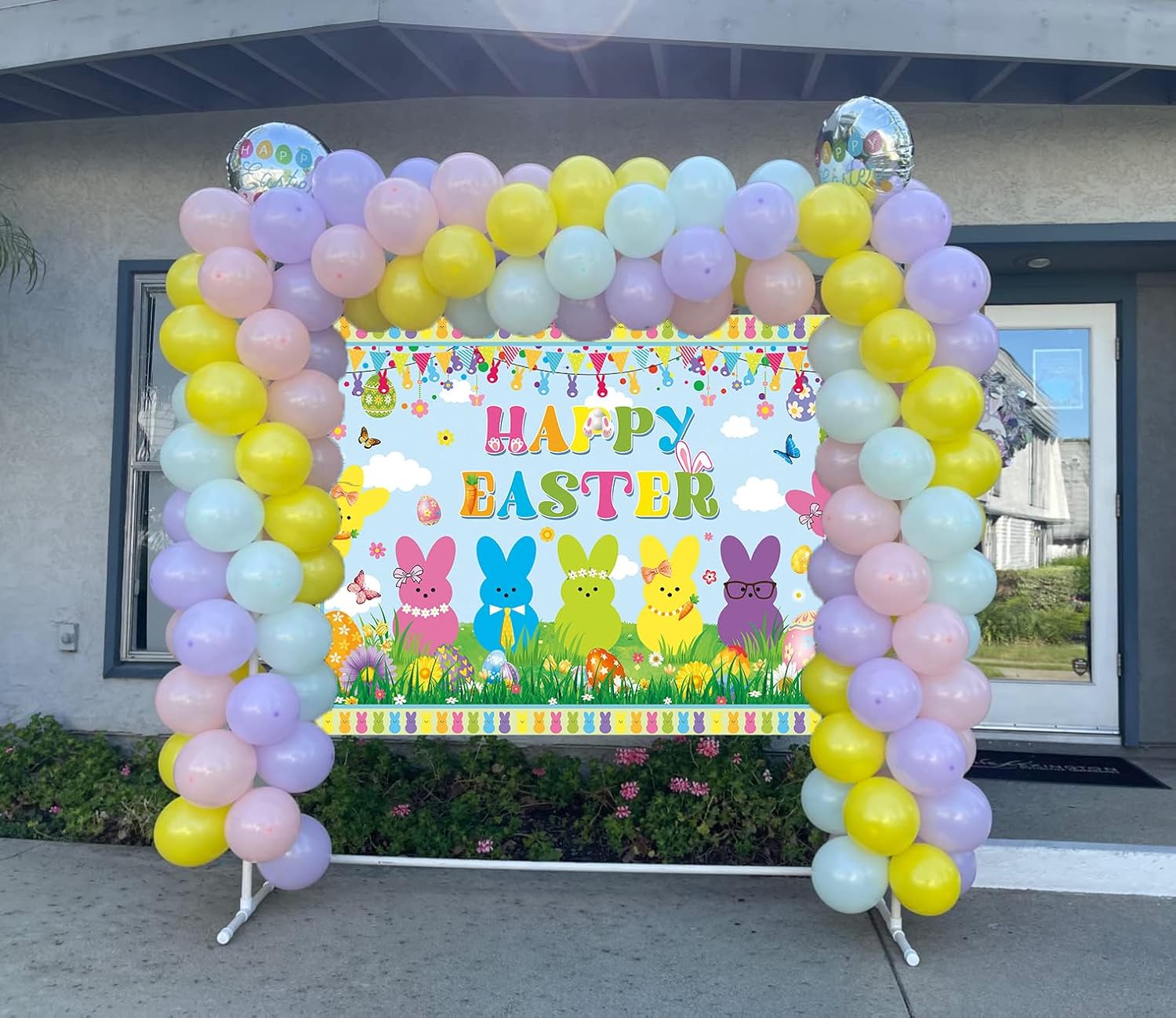 Happy Easter Banner Backdrop 8x6FT Colorful Eggs Bunny Spring Easter Background Welcome Peeps Party Decorations Photo Props
