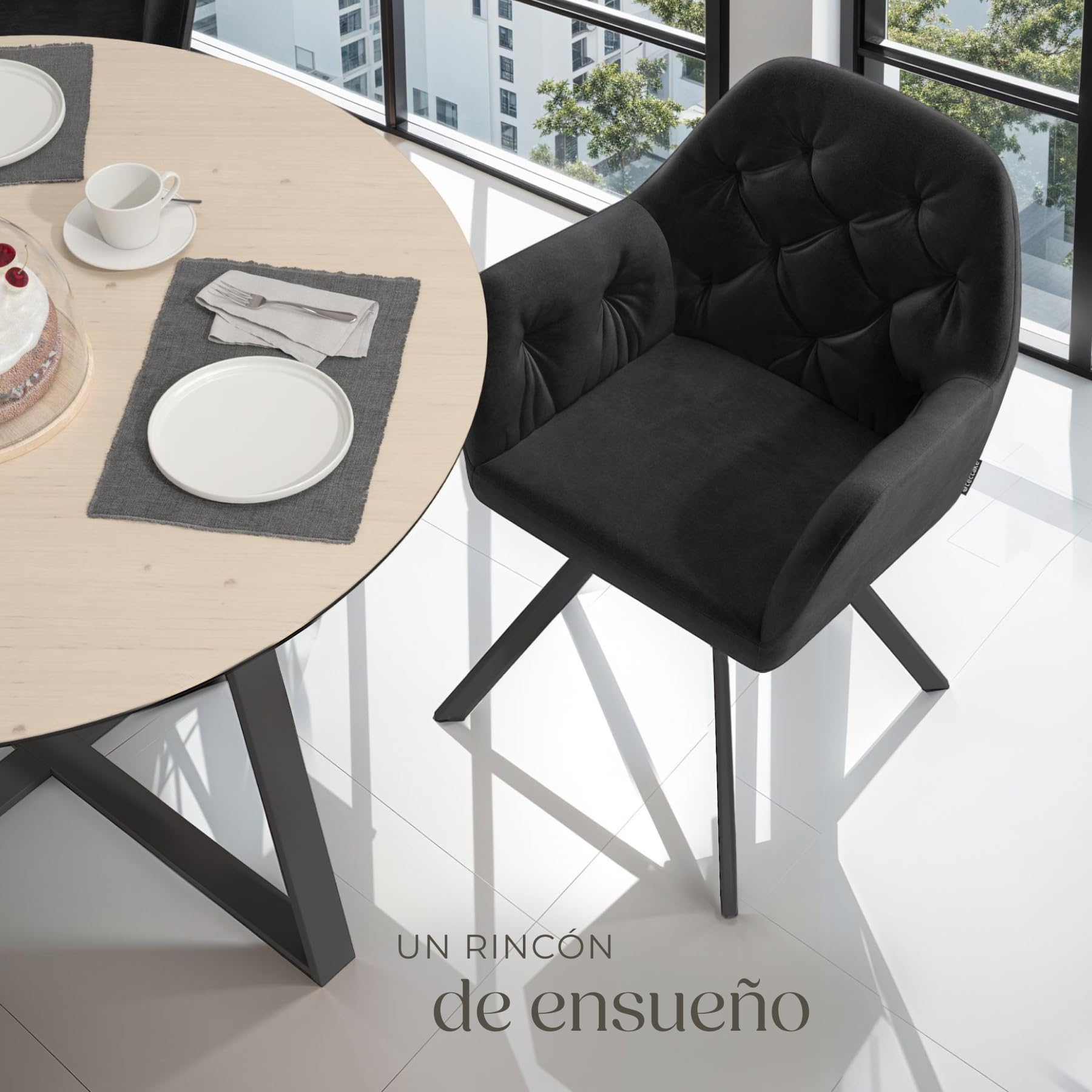 tectake® Silla Giratoria de Terciopelo, Diseño Acolchado, Sillas de Comedor con Patas de Acero, Amplio Asiento, Respaldo Continuo, Giro 180°, Sillas Cocina, Sillas Comedor - 1 Silla Negro
