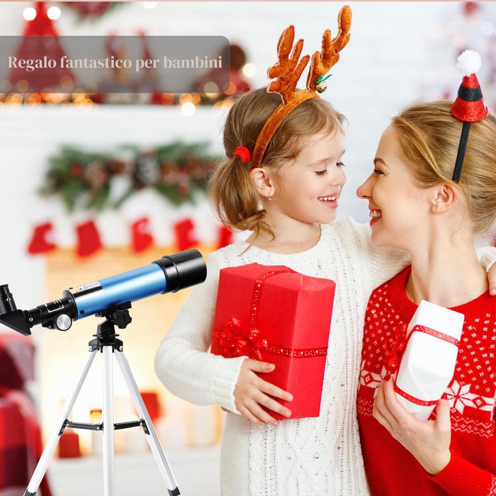 Telescopio per Principianti e Bambini, Rifrattore con Apertura di 50 mm, Telescopio Astronomico portatile 90X con Treppiede, 2 oculari, lente di Barlow 1,5X, Regalo per Appassionati di Astronomia