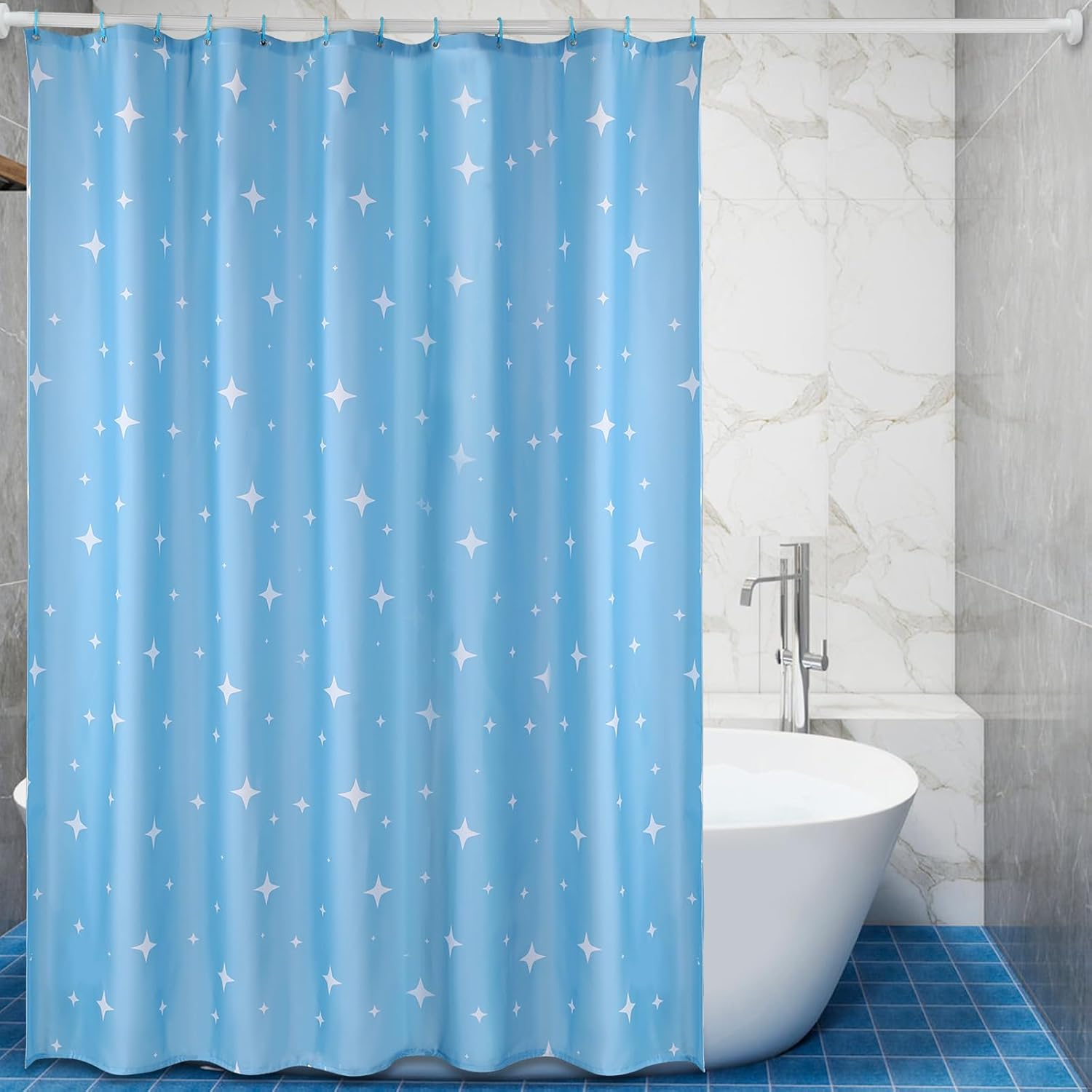 Blue Polyester Cloth Shower Curtain 78.7"x86.6", Machine Washable Weighted Fabric Shower Curtain, Water Repellent Bathroom Curtains Star, Blue Extra Long Bathtub Curtains