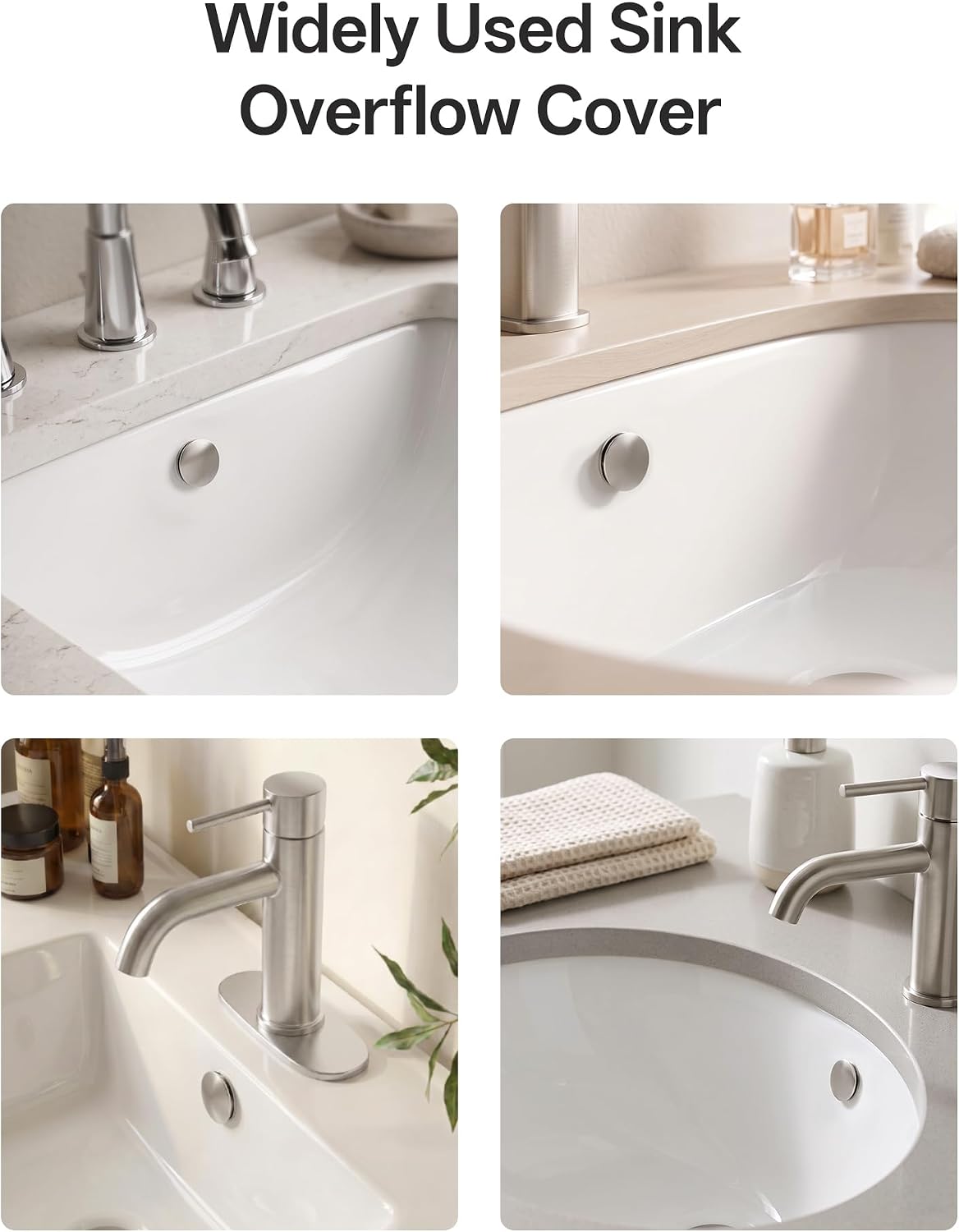 BWE 2 Pack Sink Basin Trim Overflow Cover Brass Round Caps Brushed Nickel | Insert in Hole Design,Rust & Corrosion Resistant,Solid Durable Construction,Built-In Snap-On Plastic Clips,Smooth Finish