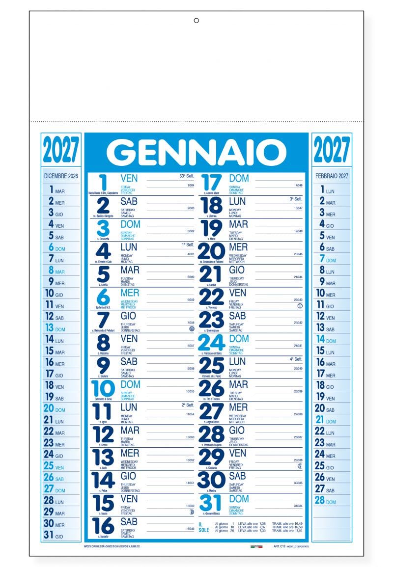 100 Calendari Da Parete 2027 - Calendario trimestrale classico azzurro - 28,8x47 - personalizzati con logo - Personalizzabile - Collezione 2027-100 pezzi
